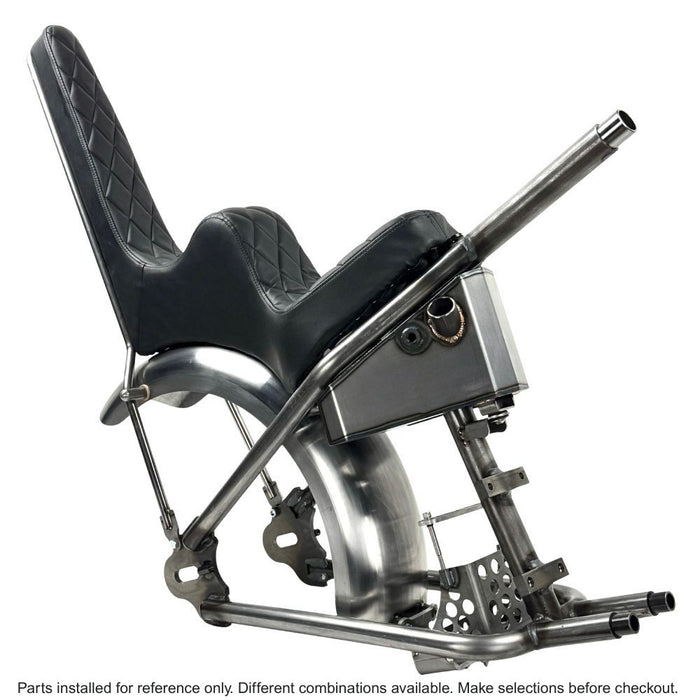 The TC Bros. Test Bundle Product Big Twin Hardtail Kit features a metal bicycle frame with a sloped top tube and assorted hardware—perfect for chopper builds or achieving classic TC Bros. hardtail style, all displayed on a clean white background.