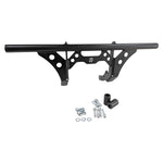 The TC Bros. Front Crash Bar for Harley-Davidson M-8 Softail w/ Mid Controls is a black metal engine guard, shown with mounting hardware—bolts, washers, spacers, and brackets—ideal for added protection on your Softail.