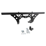 The TC Bros. Front Crash Bar for Harley-Davidson M-8 Softail w/ Mid Controls is a black metal engine guard, shown with mounting hardware—bolts, washers, spacers, and brackets—ideal for added protection on your Softail.