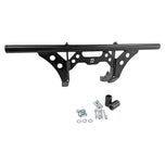 The TC Bros. Front Crash Bar for Harley-Davidson M-8 Softail w/ Mid Controls is a black metal engine guard, shown with mounting hardware—bolts, washers, spacers, and brackets—ideal for added protection on your Softail.