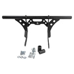 The TC Bros. Front Crash Bar for Harley-Davidson M-8 Softail w/ Mid Controls is a black metal engine guard, shown with mounting hardware—bolts, washers, spacers, and brackets—ideal for added protection on your Softail.