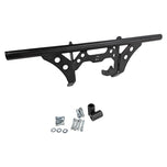 The TC Bros. Front Crash Bar for Harley-Davidson M-8 Softail w/ Mid Controls is a black metal engine guard, shown with mounting hardware—bolts, washers, spacers, and brackets—ideal for added protection on your Softail.