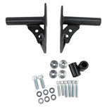 The TC Bros. Rear Crash Bar for Harley-Davidson M8 Softail includes black metal brackets, bolts, washers, nuts, spacers, and CNC-machined Delrin® sliders from TC Bros., all arranged on a white background.