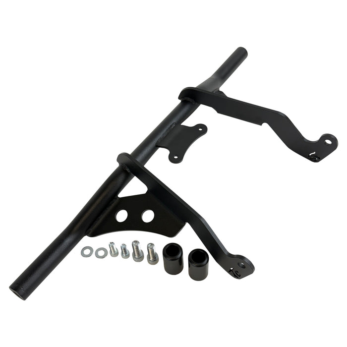 The TC Bros. Front Crash Bar mounting kit for 2014-2023 Harley-Davidson Touring includes bolts and spacers, shown above a motorcycle image—ideal for front engine guard or crash bar installation.