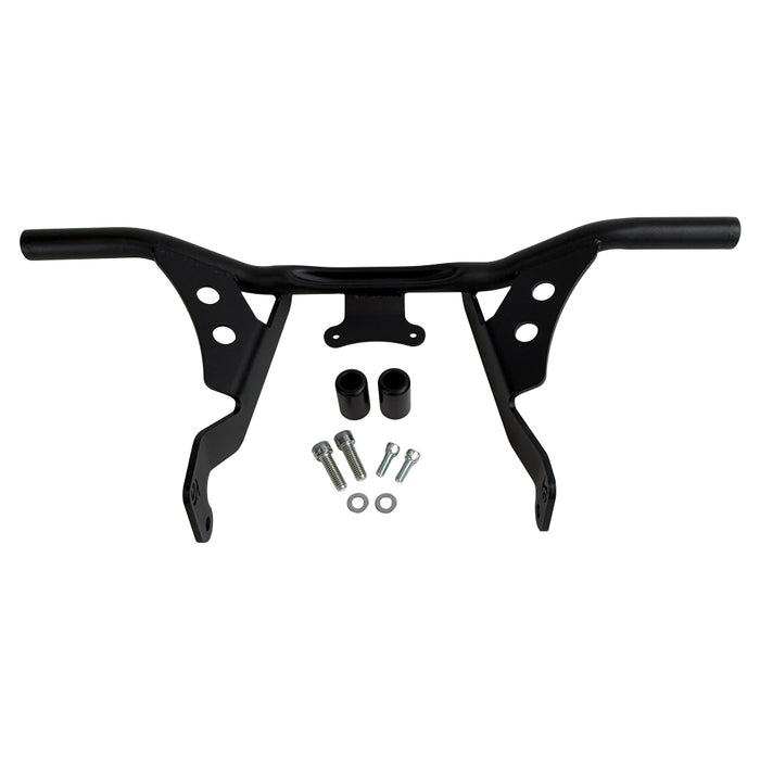 The TC Bros. Front Crash Bar mounting kit for 2014-2023 Harley-Davidson Touring includes bolts and spacers, shown above a motorcycle image—ideal for front engine guard or crash bar installation.