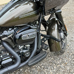 The TC Bros. Front Crash Bar mounting kit for 2014-2023 Harley-Davidson Touring includes bolts and spacers, shown above a motorcycle image—ideal for front engine guard or crash bar installation.