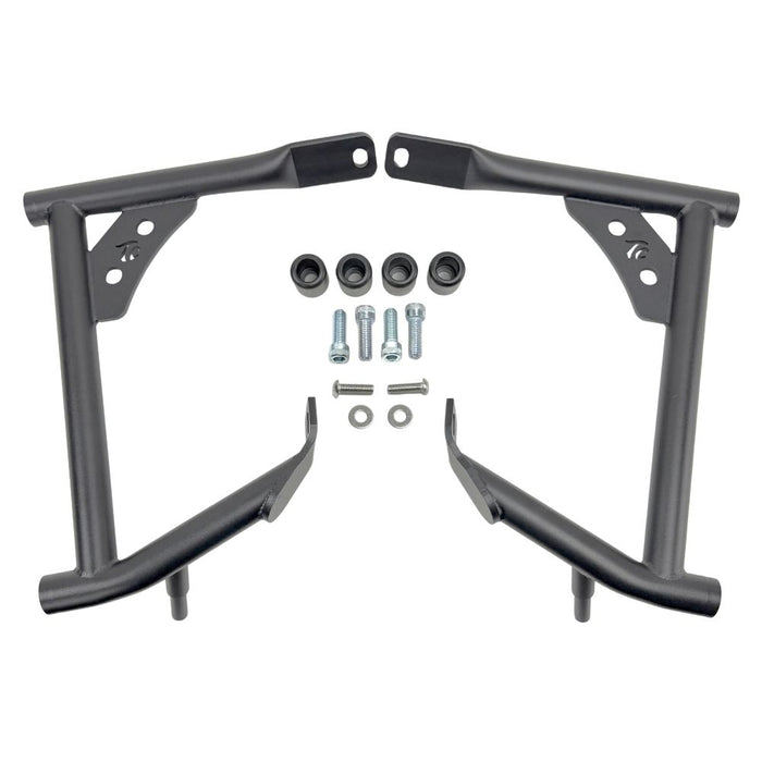 Two black metal TC Bros. Rear Saddlebag Guards with mounting holes, four bolts, two nuts, and four rubber grommets are arranged on a white background—essential components from TC Bros. for installing rear saddlebag guards on 2009-up Harley-Davidson Touring models to enhance rear crash protection.