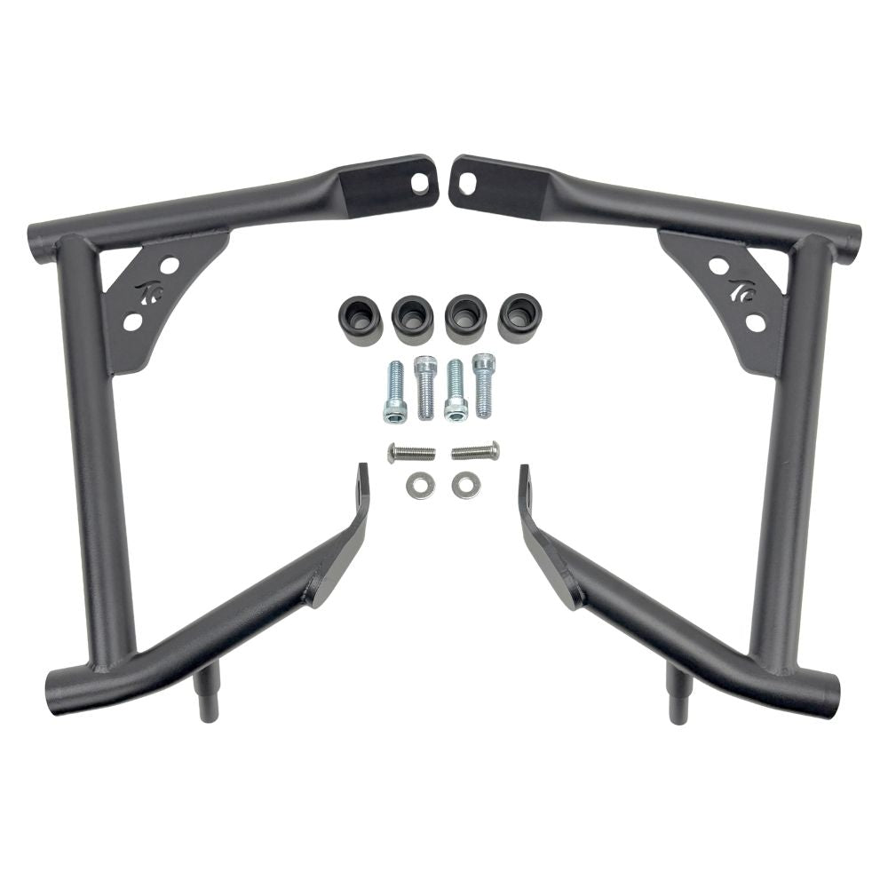Two black metal TC Bros. Rear Saddlebag Guards with mounting holes, four bolts, two nuts, and four rubber grommets are arranged on a white background—essential components from TC Bros. for installing rear saddlebag guards on 2009-up Harley-Davidson Touring models to enhance rear crash protection.