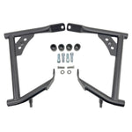Two black metal TC Bros. Rear Saddlebag Guards with mounting holes, four bolts, two nuts, and four rubber grommets are arranged on a white background—essential components from TC Bros. for installing rear saddlebag guards on 2009-up Harley-Davidson Touring models to enhance rear crash protection.