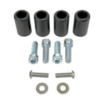Two black metal TC Bros. Rear Saddlebag Guards with mounting holes, four bolts, two nuts, and four rubber grommets are arranged on a white background—essential components from TC Bros. for installing rear saddlebag guards on 2009-up Harley-Davidson Touring models to enhance rear crash protection.