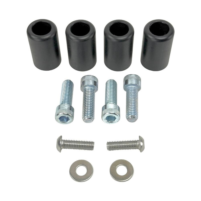 Two black metal TC Bros. Rear Saddlebag Guards with mounting holes, four bolts, two nuts, and four rubber grommets are arranged on a white background—essential components from TC Bros. for installing rear saddlebag guards on 2009-up Harley-Davidson Touring models to enhance rear crash protection.