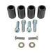 Two black metal TC Bros. Rear Saddlebag Guards with mounting holes, four bolts, two nuts, and four rubber grommets are arranged on a white background—essential components from TC Bros. for installing rear saddlebag guards on 2009-up Harley-Davidson Touring models to enhance rear crash protection.