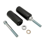 TC Bros. Upper Shock Mount Crash Sliders for 2000-2022 Harley-Davidson Sportster shown with two black sliders, two silver bolts, washers, and spacers on a white background—perfect for added crash protection.
