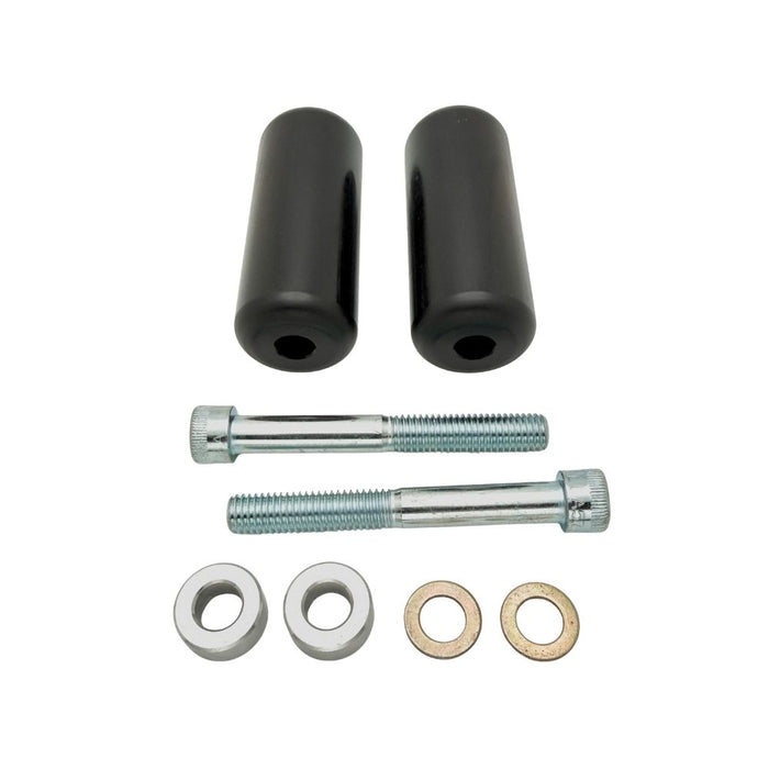TC Bros. Upper Shock Mount Crash Sliders for 2000-2022 Harley-Davidson Sportster shown with two black sliders, two silver bolts, washers, and spacers on a white background—perfect for added crash protection.