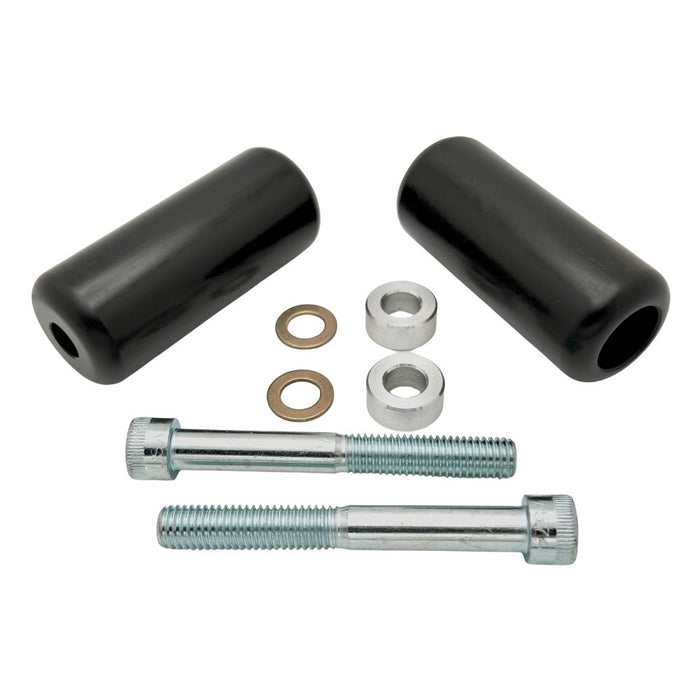 TC Bros. Upper Shock Mount Crash Sliders for 2000-2022 Harley-Davidson Sportster shown with two black sliders, two silver bolts, washers, and spacers on a white background—perfect for added crash protection.