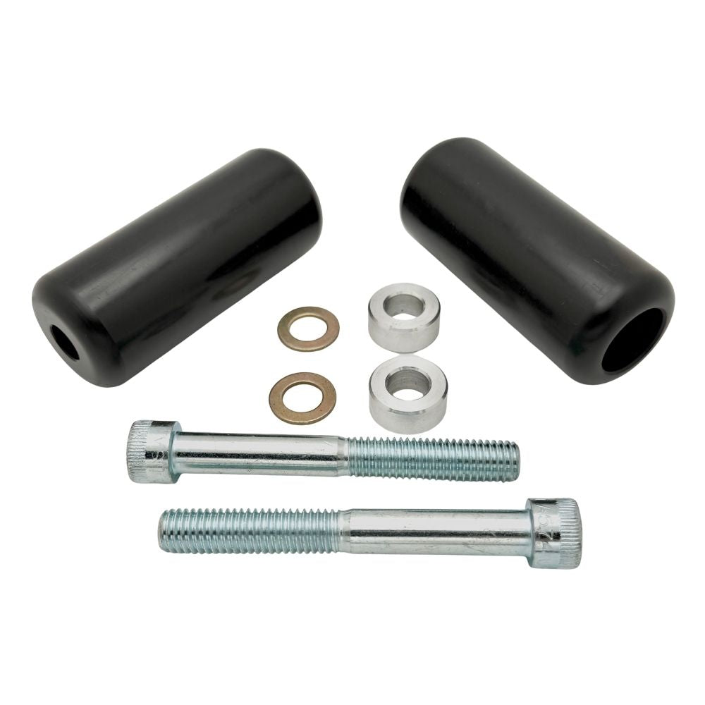 TC Bros. Upper Shock Mount Crash Sliders for 2000-2022 Harley-Davidson Sportster shown with two black sliders, two silver bolts, washers, and spacers on a white background—perfect for added crash protection.
