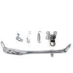 Mid-USA Complete Jiffy Stand Kit for 1936-1988 Harley-Davidson Big Twin includes a chrome kickstand, mount bracket, spring, and hardware. Text on white background reads "Big Twin Chopper Jiffy Stand"—ideal for Harley-Davidson Big Twin models.