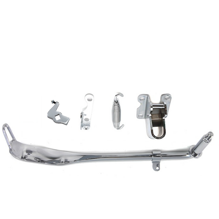 Mid-USA Complete Jiffy Stand Kit for 1936-1988 Harley-Davidson Big Twin includes a chrome kickstand, mount bracket, spring, and hardware. Text on white background reads "Big Twin Chopper Jiffy Stand"—ideal for Harley-Davidson Big Twin models.