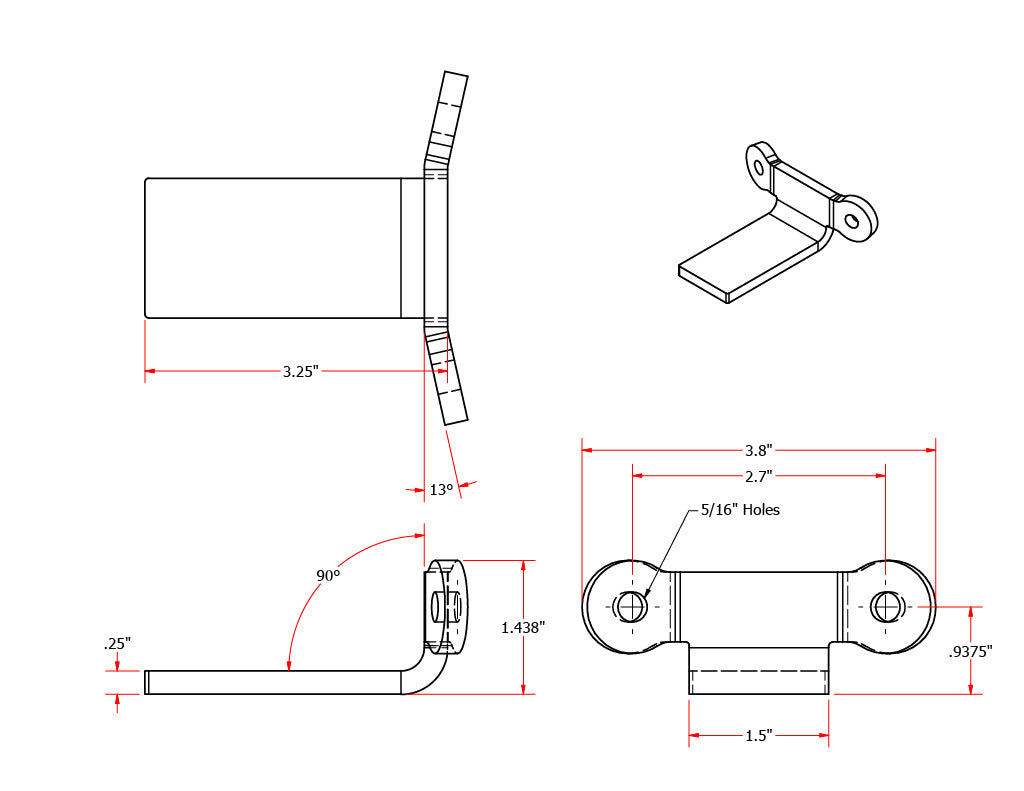 A drawing showing the dimensions of a TC Bros. Weld On Single Hole Rear Fender Mount for Bobbers & Choppers.