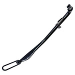A Moto Iron® Kickstand for 2006-2017 Harley-Davidson Dyna, featuring a black metal curved design, extended length, mounting bracket, and footrest, is shown against a white background.