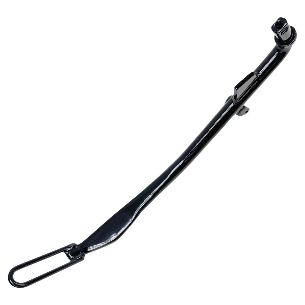 A Moto Iron® black +1" kickstand designed for 2006-2017 Dyna models, accompanied by durable rear shocks and mounting brackets.