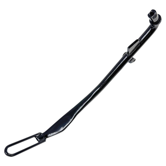 A Moto Iron® Kickstand for 2006-2017 Harley-Davidson Dyna, featuring a black metal curved design, extended length, mounting bracket, and footrest, is shown against a white background.