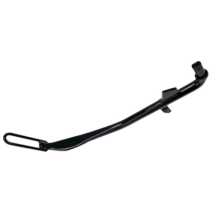 A Moto Iron® black +1" kickstand designed for 2006-2017 Dyna models, accompanied by durable rear shocks and mounting brackets.