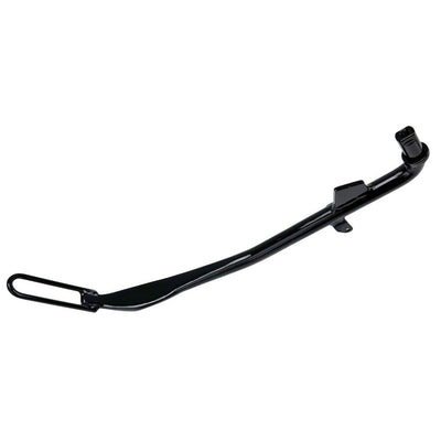 A Moto Iron® black +1" kickstand designed for 2006-2017 Dyna models, accompanied by durable rear shocks and mounting brackets.