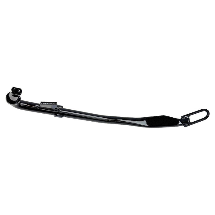 A Black +1" Kickstand by Moto Iron®, designed for a 1999-2005 Dyna 12", is displayed against a white backdrop, highlighting its sleek design similar to high-strength steel exhaust pipes.