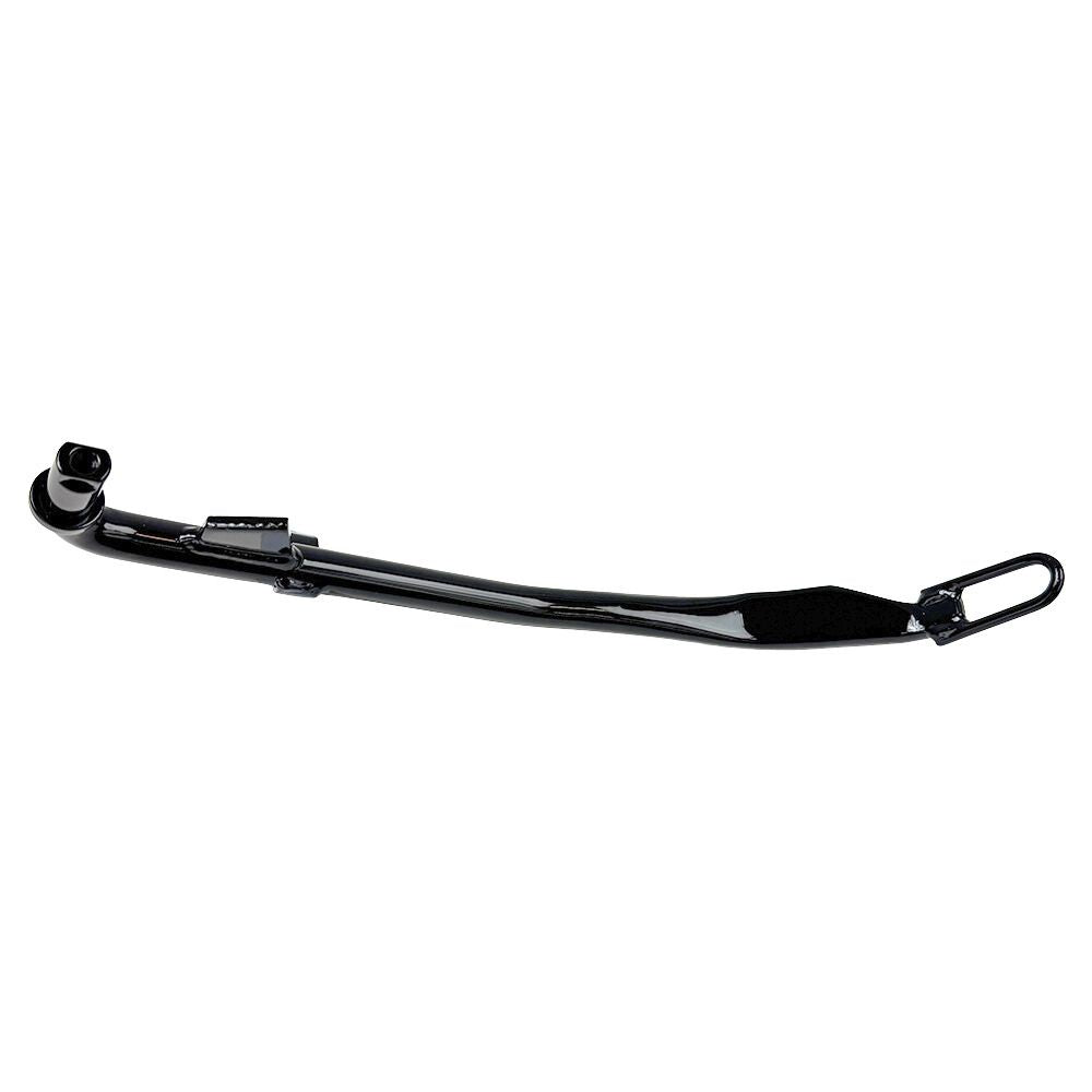 A Black +1" Kickstand by Moto Iron®, designed for a 1999-2005 Dyna 12", is displayed against a white backdrop, highlighting its sleek design similar to high-strength steel exhaust pipes.