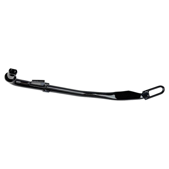 A Black +1" Kickstand by Moto Iron®, designed for a 1999-2005 Dyna 12", is displayed against a white backdrop, highlighting its sleek design similar to high-strength steel exhaust pipes.