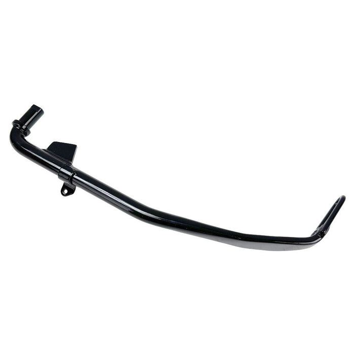 A Black +1" Kickstand by Moto Iron®, designed for a 1999-2005 Dyna 12", is displayed against a white backdrop, highlighting its sleek design similar to high-strength steel exhaust pipes.