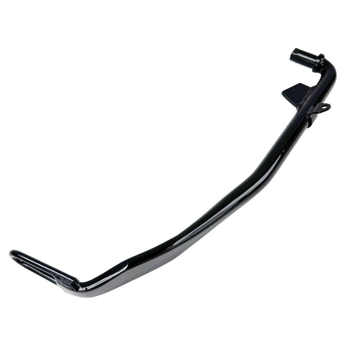 A Black +1" Kickstand by Moto Iron®, designed for a 1999-2005 Dyna 12", is displayed against a white backdrop, highlighting its sleek design similar to high-strength steel exhaust pipes.