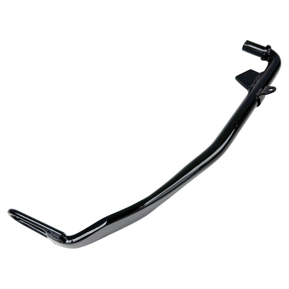 A Black +1" Kickstand by Moto Iron®, designed for a 1999-2005 Dyna 12", is displayed against a white backdrop, highlighting its sleek design similar to high-strength steel exhaust pipes.