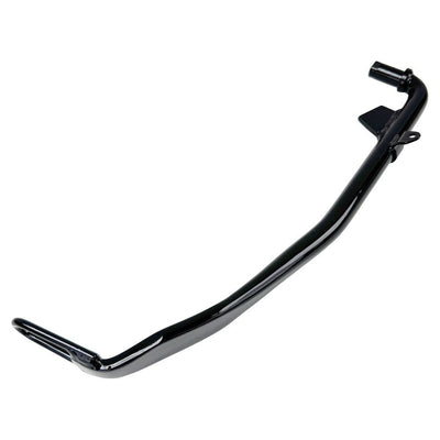 A Black +1" Kickstand by Moto Iron®, designed for a 1999-2005 Dyna 12", is displayed against a white backdrop, highlighting its sleek design similar to high-strength steel exhaust pipes.