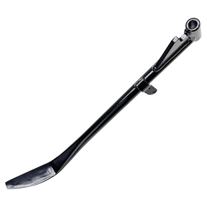 Moto Iron® Black +1" Kickstand for Harley-Davidson Sportster 1989-2003. Features a flat foot, mounting bracket, and extended length—ideal sidestand upgrade. Product shown isolated on white background.