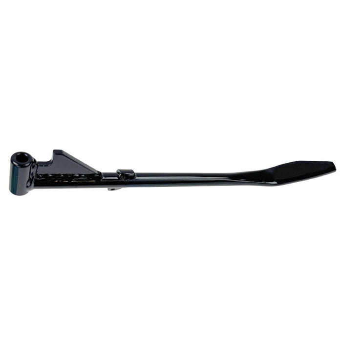 Moto Iron® Black +1" Kickstand for Harley-Davidson Sportster 1989-2003. Features a flat foot, mounting bracket, and extended length—ideal sidestand upgrade. Product shown isolated on white background.