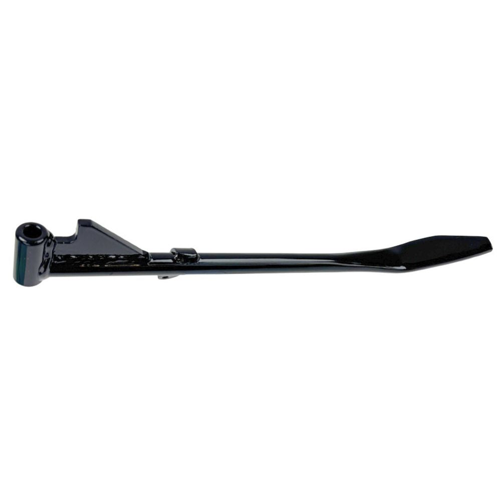 Moto Iron® Black +1" Kickstand for Harley-Davidson Sportster 1989-2003. Features a flat foot, mounting bracket, and extended length—ideal sidestand upgrade. Product shown isolated on white background.