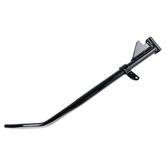 Moto Iron® Black +1" Kickstand for Harley-Davidson Sportster 1989-2003. Features a flat foot, mounting bracket, and extended length—ideal sidestand upgrade. Product shown isolated on white background.
