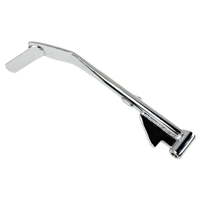 The Moto Iron® Chrome +1" Kickstand for 2004-2021 Sportster models (except the 21 Sportster S/RH 1250S) is crafted from high-strength steel and features a chrome finish, a mounting bracket, and a flat base for enhanced stability. Ideal for bikes with extended forks or those looking to achieve the classic Sportster kickstand look.