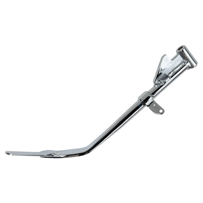 The Moto Iron® Chrome +1" Kickstand for 2004-2021 Sportster models (except the 21 Sportster S/RH 1250S) is crafted from high-strength steel and features a chrome finish, a mounting bracket, and a flat base for enhanced stability. Ideal for bikes with extended forks or those looking to achieve the classic Sportster kickstand look.