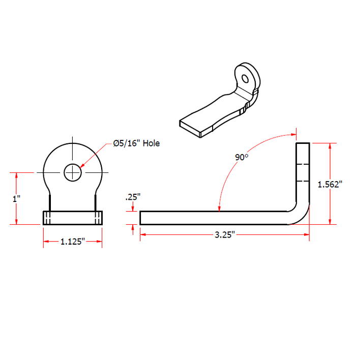 A drawing showing the dimensions of a TC Bros. Weld On Single Hole Rear Fender Mount for Bobbers & Choppers.