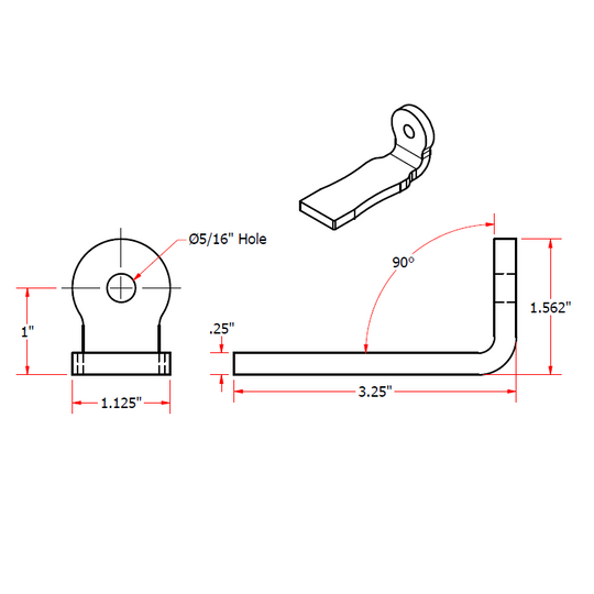 A drawing showing the dimensions of a TC Bros. Weld On Single Hole Rear Fender Mount for Bobbers & Choppers.