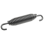 Close-up of a black Moto Iron® Kickstand Spring for Harley-Davidson 1985-2022, featuring tightly coiled wire and hooks at both ends on a white background—perfect for Jiffy Stand repairs.