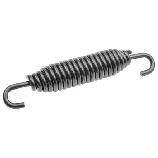 Close-up of a black Moto Iron® Kickstand Spring for Harley-Davidson 1985-2022, featuring tightly coiled wire and hooks at both ends on a white background—perfect for Jiffy Stand repairs.