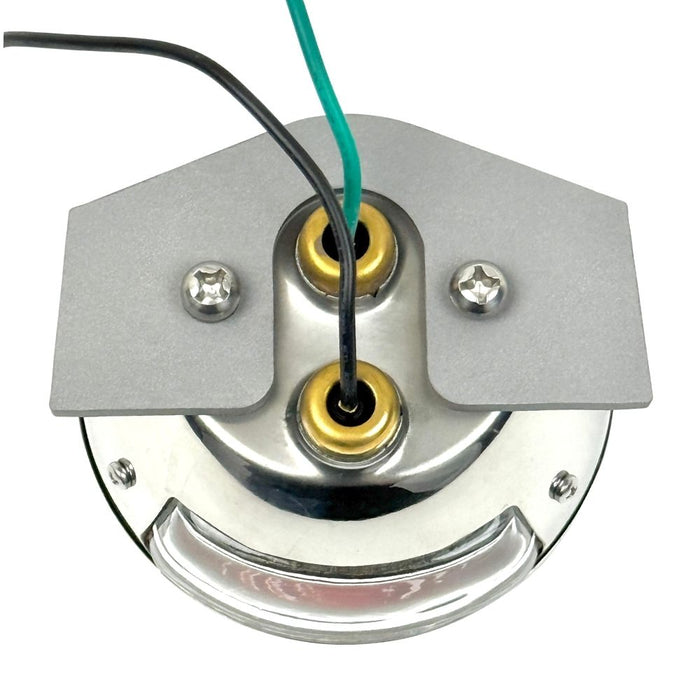 Close-up of TC Bros. Weld-On Sissy Bar Tail Light Mount Bracket for Model A Tail Light, featuring a round metal base with attached wires, screws, and brass connectors—perfect for custom motorcycle taillight installations.