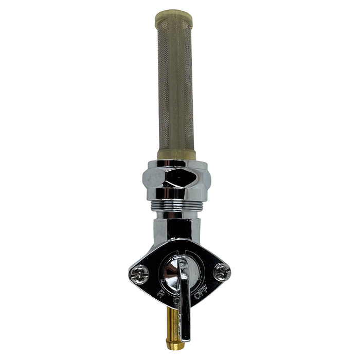 A Moto Iron® straight spigot 13/16" female fuel valve petcock with a brass handle for Harley or aftermarket chopper gas tanks, providing high fuel flow.