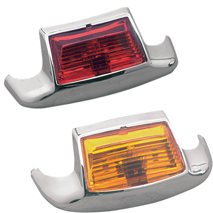 Mid-USA Fender Tip Lights for 1980-1995 Harley-Davidson Touring and Softail feature chrome-plated, angular designs with clear housings—one has a red lens, the other an amber lens.