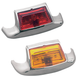 Mid-USA Fender Tip Lights for 1980-1995 Harley-Davidson Touring and Softail feature chrome-plated, angular designs with clear housings—one has a red lens, the other an amber lens.
