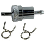 The Moto Iron® 1/4" Chrome High Performance Mini Fuel Filter, featuring barbed hose fittings and two spring hose clamps, is shown on a white background.